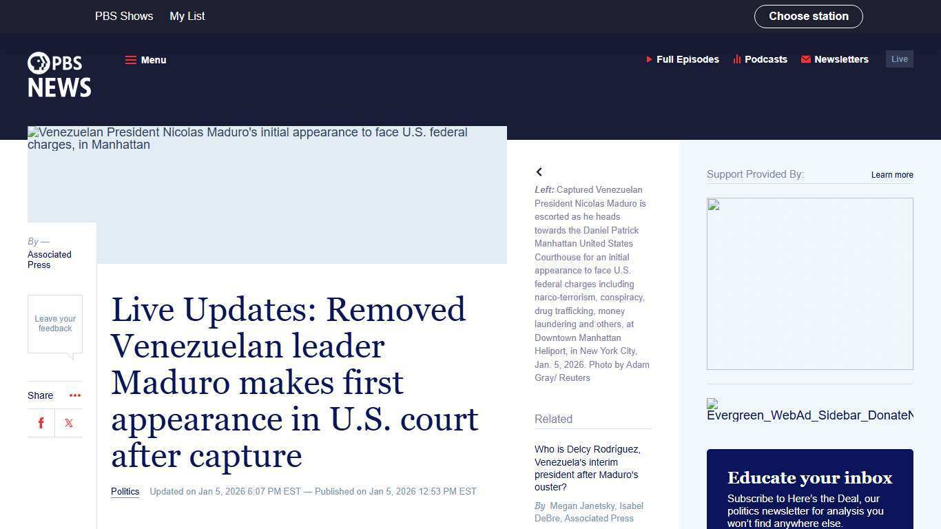 Live Updates: Removed Venezuelan leader Maduro makes first appearance in U.S. court after capture | PBS News